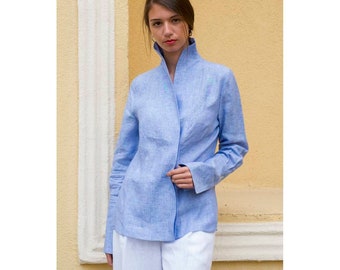 Linen Shirt Blouse Kimono Style Ladies Top Blue Linen Summer Blouse Casual High Collar Top Linen Clothing Boho High Neck Kimono Style Shirt
