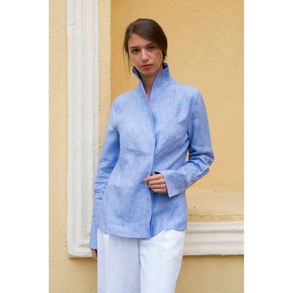 Chemisier en lin, haut style kimono pour femme, chemisier d'été en lin bleu, haut col haut, vêtements décontractés en lin, chemise bohème à col montant