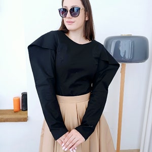 Puffed Sleeves Edwardian-Inspired Black Cotton Blouse, Formal Avantgarde Top, Elegant Modest Ladies Blouse,Victorian Style Fitted Top