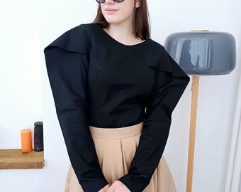 Black Cotton Gothic Shirt with Puffed Sleeves Oversized Shoulders Deconstructed Blouse Fitted Victorian Inspired Avant Garde Clothing