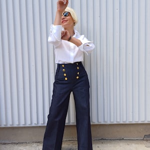 直営店に限定 Sailor Pant Jeans With Gold Front Buttons, Indigo Blue Clothing