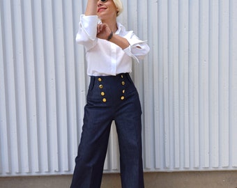 Sailor Pant Jeans met gouden knopen aan de voorkant, Indigoblauwe katoenen denim jeans met hoge taille, brede led en vloerlengte flatterende Texas broek