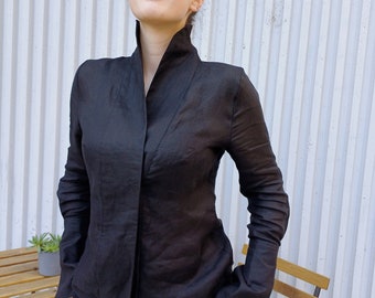 Tailored Black Linen Shirt Blouse, Extravagant Fitted Summer Shirt, Japanese Inspired Blouse, Lightweight Thin Linen High Neck Shirt Top