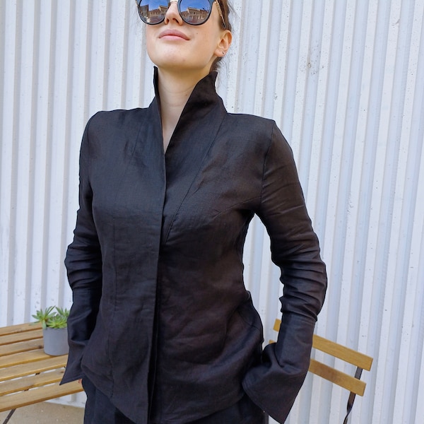 Tailored Black Linen Shirt Blouse, Extravagant Fitted Summer Shirt, Japanese Inspired Blouse, Lightweight Thin Linen High Neck Shirt Top