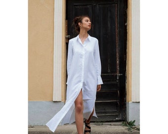 Button Down Maxi Linen Shirt Dress with Side Slits, Oversized White Long Dress, Flowy Loose Summer Tunic Dress,Semi-Formal Linen Comfy Dress