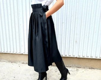 Black Skirt with Pleats, Midi Skirt, A-line Skirt, Skirt with Belt, Overlapping Skirt, Ankle Length Skirt, Elegant Skirt, Avantgarde Skirt