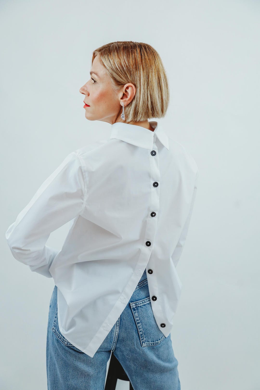 Button Back White Cotton Shirt Straight Cut Designer's Made Open Back ...