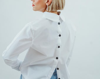 Button Back White Cotton Shirt Straight Cut Designer's Made Open Back Shirt Blouse Regular Fit Chemise Femme Minimalist Style Shirt