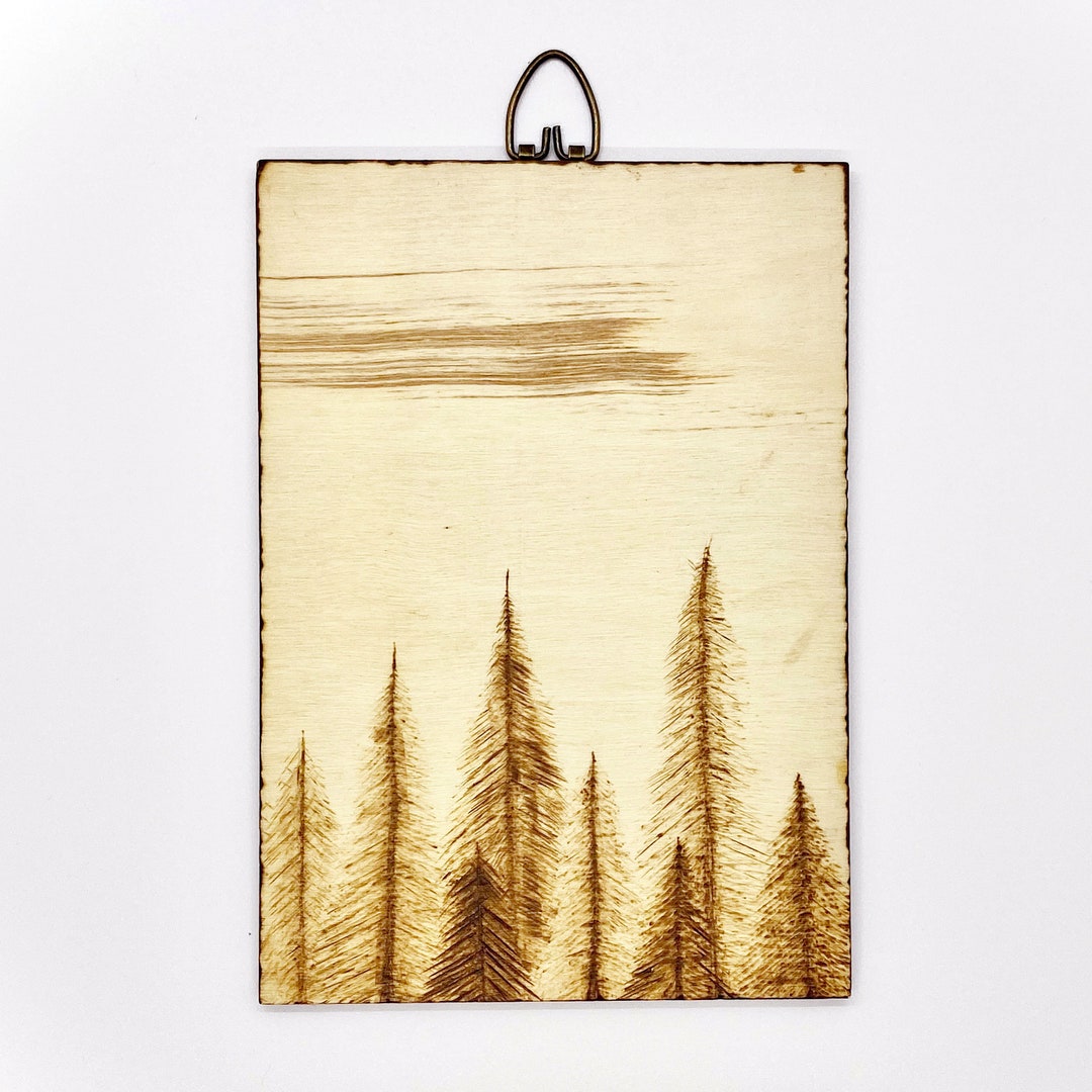 Layered Pine Tree Forest With Wood Grain Sky Pattern - Wood Burning ...