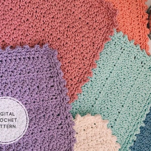May include: Five crocheted coasters in different colors, including pink, purple, teal, white, and blue. The coasters are all square shaped and have a scalloped edge. The text "DIGITAL CROCHET PATTERN" is written in a white circle on the purple coaster.