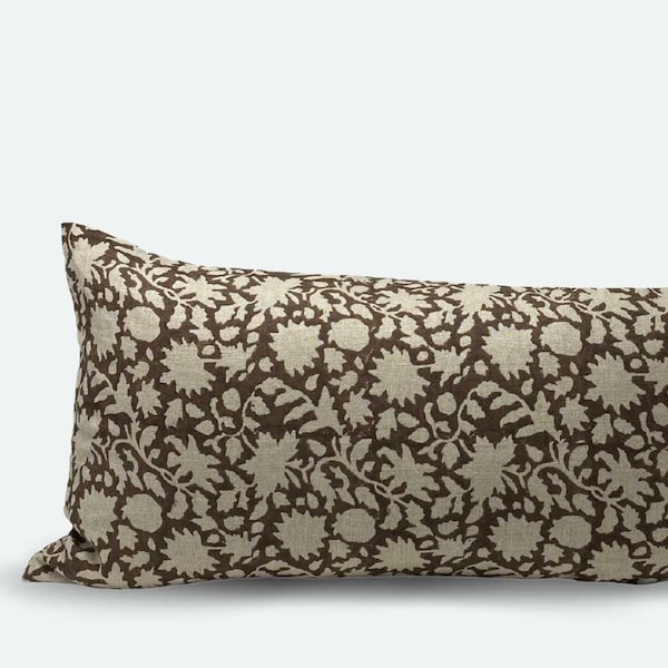 Large Lumbar Pillow Cover - Cocoa Floral Vine Block Print | 14"x36"