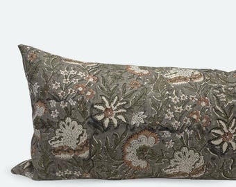 Large Lumbar Pillow Cover - Heirloom Floral Block Print | 14"x36" | 12"x48" | 20"x48"