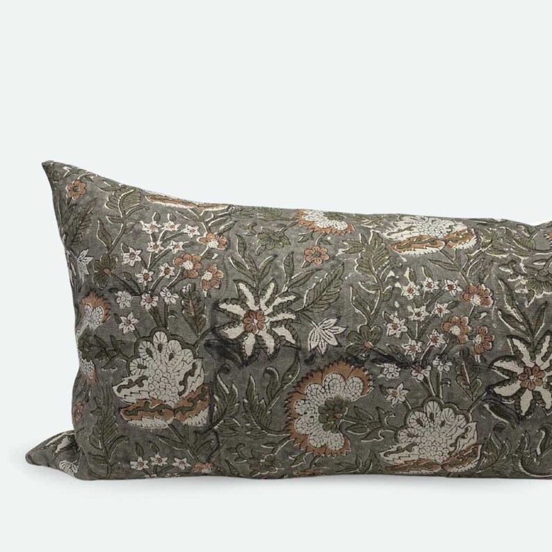 Large Lumbar Pillow Cover Heirloom Floral Block Print Etsy
