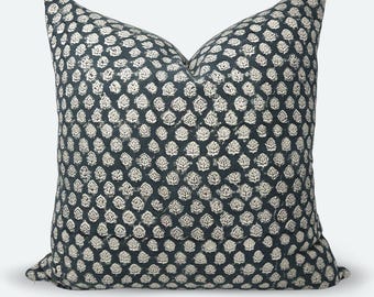 Square Pillow Cover - Indigo Floral Blossom Block Print | 20"x20" | 22"x22"