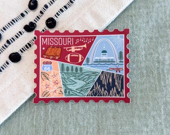 Missouri Stamp Sticker | USA State Travel Souvenir Gift Nature Route 66 National Parks Caves Music BBQ Football St Louis The Gateway Arch