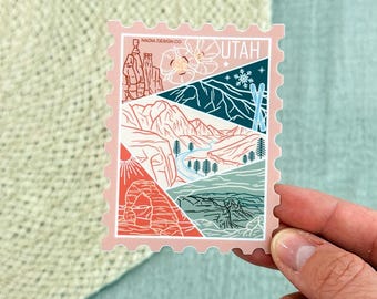 Utah Stamp Sticker | USA State Travel Souvenir Gift Zion Bryce Canyonlands Arches National Park Mountains Snow Sports  Nature Adventure Cute