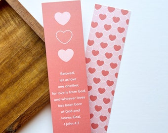 Heart 1 John 4:7 Bookmark | Size 2"x7" |  Valentines Heart Love Pink | Verse Bible Memorization Cards Bookmark