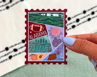 Alabama Stamp Magnet | USA Travel Souvenir Gift Nature Waterfall Marti Gras Peony Peanuts BBQ Peaches US Rocket Mountains Parks Football