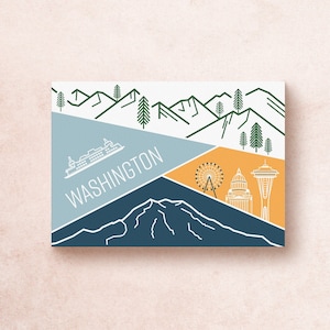 Stampa di cartoline di viaggio geometriche di Washington / Illustrazione dello stato degli Stati Uniti d'America 5x7 Montagne Parco nazionale del vulcano Traghetto / Decorazione regalo souvenir