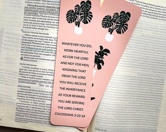 Colossians 3:23-24 Bookmark | Size 2"x7" | Plants, Bird of Paradise, Fiddle Leaf Fig, Monstera Leaf | Verse Bible Memorization