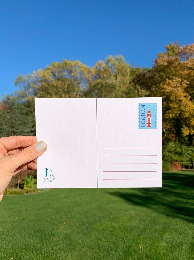 Carte postale de voyage à Londres | Carte postale illustrée de 5 x 7 po. Londres, Angleterre, Travel Adventure Bus Taxi Bridges | Cadeau souvenir | Décor image 7