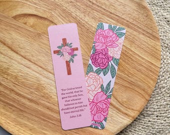 John 3:16 Cross Floral Bookmarks ESV Size 2x7 | Christian Floral Flower Peony Flowers Verse Bible Memorization Cards Shimmery Gifts Tassels