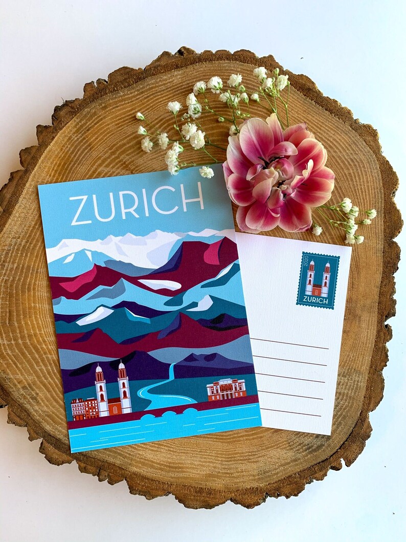 Carte postale de voyage de Zurich, Suisse | Aventure illustrée Montagnes Ville Europe Nature Cadeaux Souvenirs Décoration image 2