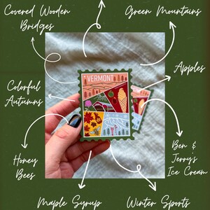 May include: A green sticker with a Vermont theme, featuring illustrations of covered wooden bridges, green mountains, apples, Ben & Jerry's ice cream, maple syrup, and winter sports. The sticker also includes the text "VERMONT" and "NADIA DESIGN CO."