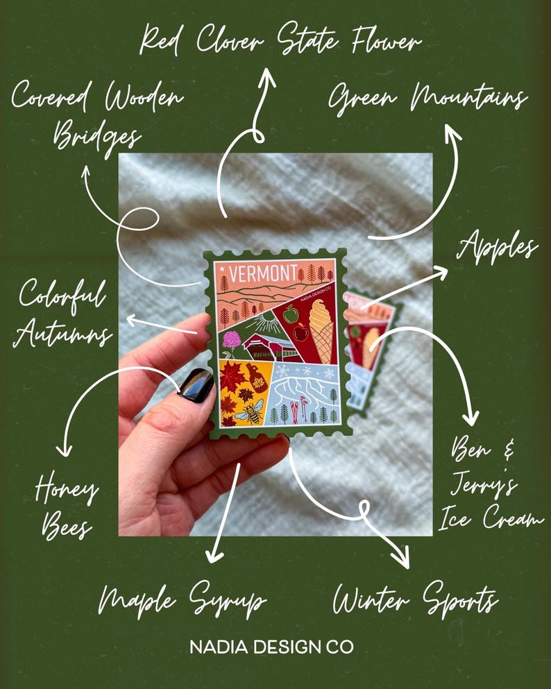 May include: A green sticker with a Vermont theme, featuring illustrations of covered wooden bridges, green mountains, apples, Ben & Jerry's ice cream, maple syrup, and winter sports. The sticker also includes the text "VERMONT" and "NADIA DESIGN CO."