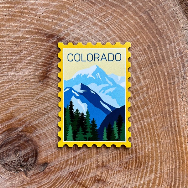 Colorado State Stamp Magnet | Mountains | Fridge Car Magnet, Decorative Magnet, Car Decal, Cute Gift, Weatherproof | Illustration in Color