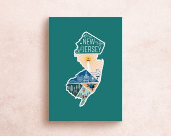 New Jersey Travel Postcard Print | 5x7 Geometric Illustrated USA States | Travel Lighthouse Ocean Beach Farm Camping | Souvenir Gift Decor