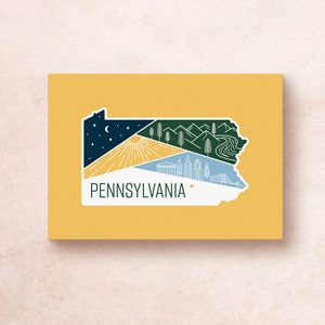 Pennsylvania Postcard Print / 7x5 Travel Adventure USA State Illustration Montagne Alberi Philadelphia Sole Luna Stelle / Souvenir Gift Decor