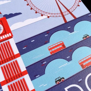 Carte postale de voyage à Londres | Carte postale illustrée de 5 x 7 po. Londres, Angleterre, Travel Adventure Bus Taxi Bridges | Cadeau souvenir | Décor image 9