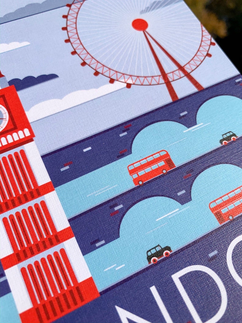 Carte postale de voyage à Londres | Carte postale illustrée de 5 x 7 po. Londres, Angleterre, Travel Adventure Bus Taxi Bridges | Cadeau souvenir | Décor image 9