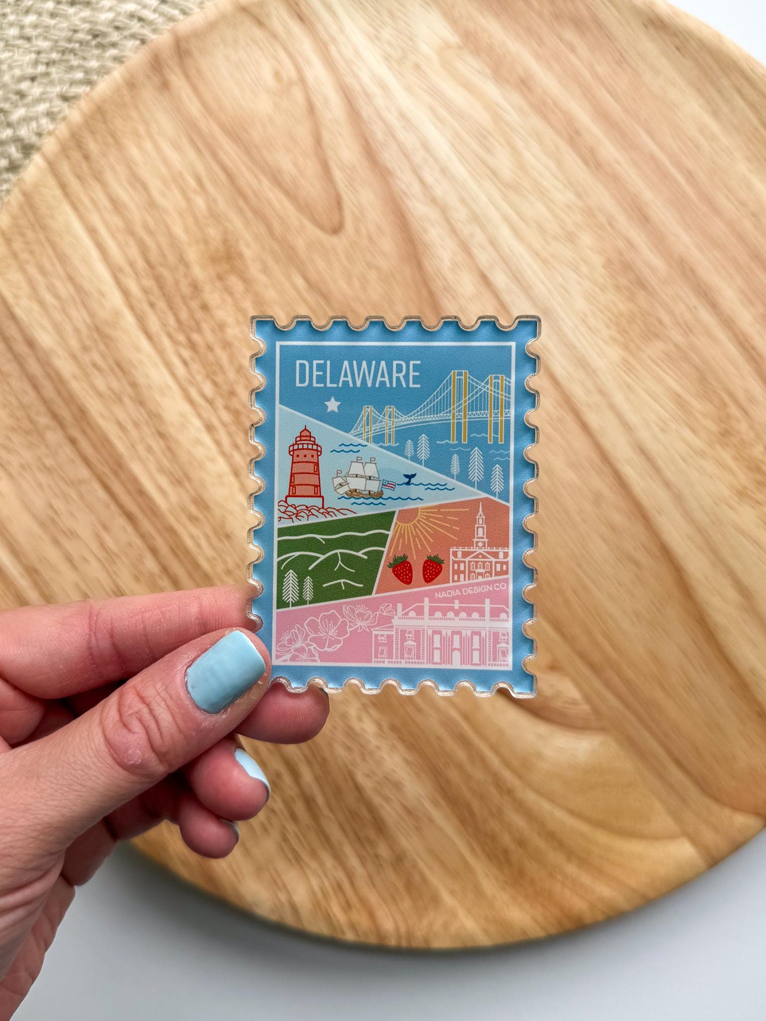 Delaware Stamp Acrylic Magnet | USA State Travel Lighthouse Flower Ship Parks Mountains Outdoor Nature Bridges Kalmar Nyckel Fridge Gift
