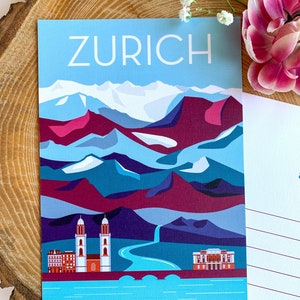 Carte postale de voyage de Zurich, Suisse | Aventure illustrée Montagnes Ville Europe Nature Cadeaux Souvenirs Décoration image 3