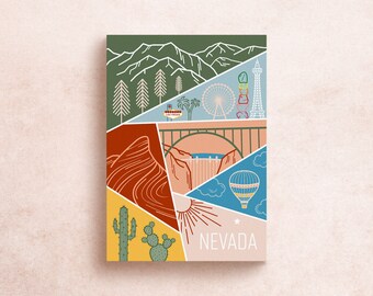 Nevada State Postcard | Geometric Travel Adventure Mountains National Parks Las Vegas Hoover Dam  | Souvenir Gift Decor
