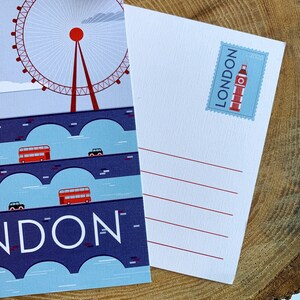 Carte postale de voyage à Londres | Carte postale illustrée de 5 x 7 po. Londres, Angleterre, Travel Adventure Bus Taxi Bridges | Cadeau souvenir | Décor image 4