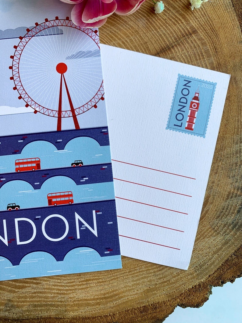 Carte postale de voyage à Londres | Carte postale illustrée de 5 x 7 po. Londres, Angleterre, Travel Adventure Bus Taxi Bridges | Cadeau souvenir | Décor image 4