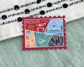 Missouri Stamp Magnet | USA State Travel Souvenir Gift Nature Route 66 National Parks Caves Music BBQ Football St Louis The Gateway Arch