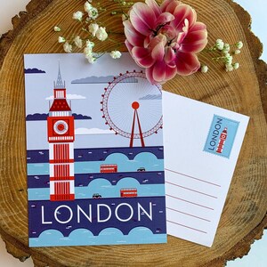Carte postale de voyage à Londres | Carte postale illustrée de 5 x 7 po. Londres, Angleterre, Travel Adventure Bus Taxi Bridges | Cadeau souvenir | Décor image 2