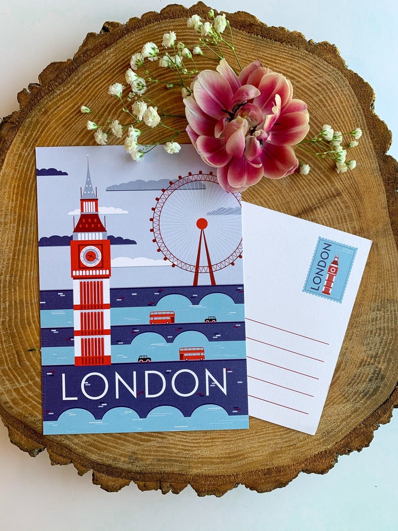 Carte postale de voyage à Londres | Carte postale illustrée de 5 x 7 po. Londres, Angleterre, Travel Adventure Bus Taxi Bridges | Cadeau souvenir | Décor image 2