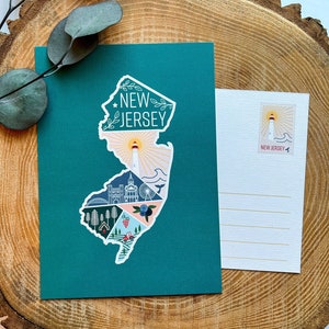 Stampa cartolina di viaggio del New Jersey / 5x7 geometrica illustrata USA Stato Natura Viaggio Faro Oceano Spiaggia Fattoria Campeggio Souvenir Regalo Decorazione