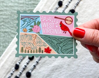 West Virginia Stamp Magnet | USA State Souvenir Travel Gift Appalachian Mountains Nature Waterfall Banjo Flowers Bridge River Birds