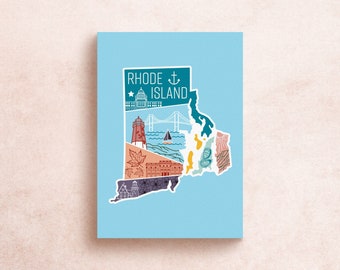 Rhode Island State Travel Postcard | Geometric Adventure Mountains National Parks Lighthouse, oysters, ocean | Souvenir Gift Decor