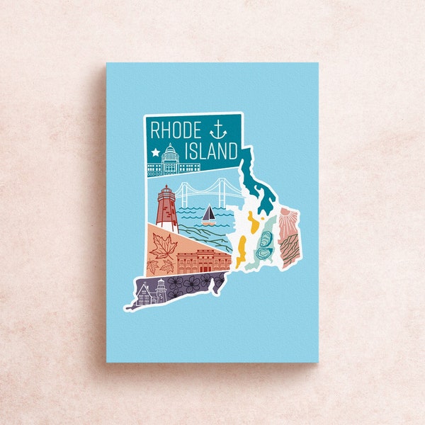 Rhode Island State Travel Postcard | Geometric Adventure Mountains National Parks Lighthouse, oysters, ocean | Souvenir Gift Decor