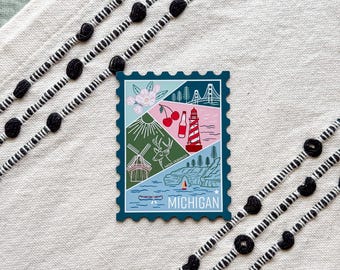 Michigan Stamp Magnet | USA State Travel Gift Souvenir Mountains National Parks Illustrated Lakes, Mountains, Lighthouse Nature Design Vinyl