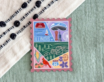 Illinois Stamp Magnet | USA State Souvenir Travel Gift Mountains Nature Route 66 Chicago Cubs Cloud Gate Lincoln Flowers Lake Corn Pumpkins