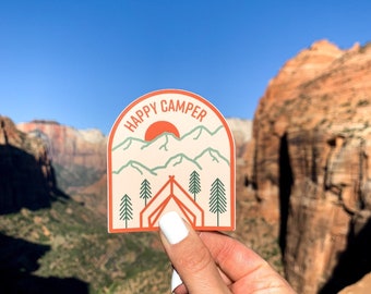 Happy Camper Sticker | Camping Tent Mountains Tree Adventure Outdoor Illustration Laptop Water Bottle Decor Cute Gift Weatherproof