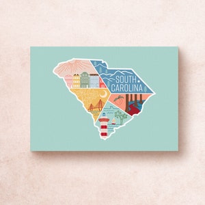 Impressão de cartão postal de viagem do estado da Carolina do Sul | Parques nacionais de montanhas de aventura geométrica Rainbow Row Lighthouse | Decoração de presente de lembrança